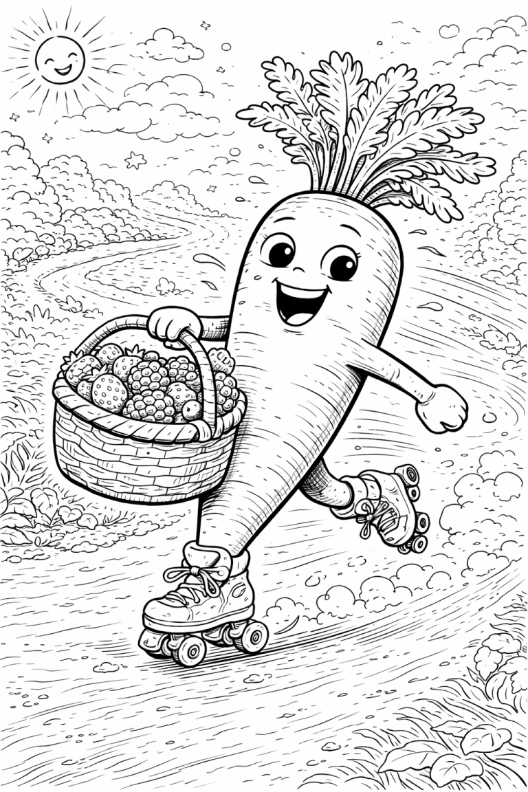 Coloring page of a carrot on roller skates carrying a basket of fruit, with a smiling sun and cloud-filled sky in the background, designed for children's creativity and fun.