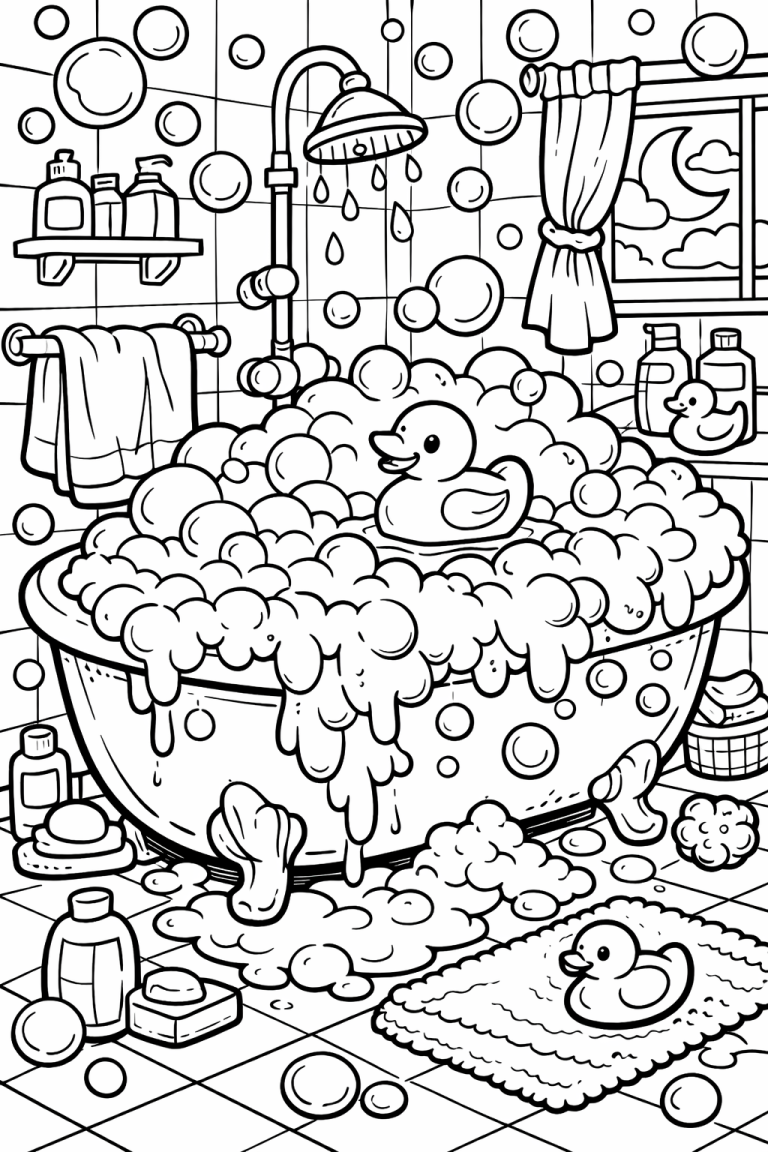 Coloring page of a rubber duck in a bath with bubbles.