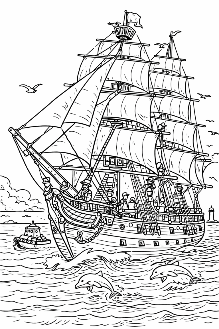 A grand sailing ship cruises on the open ocean with billowing sails. Dolphins leap in the foreground while birds soar above, creating an exciting maritime scene for coloring.