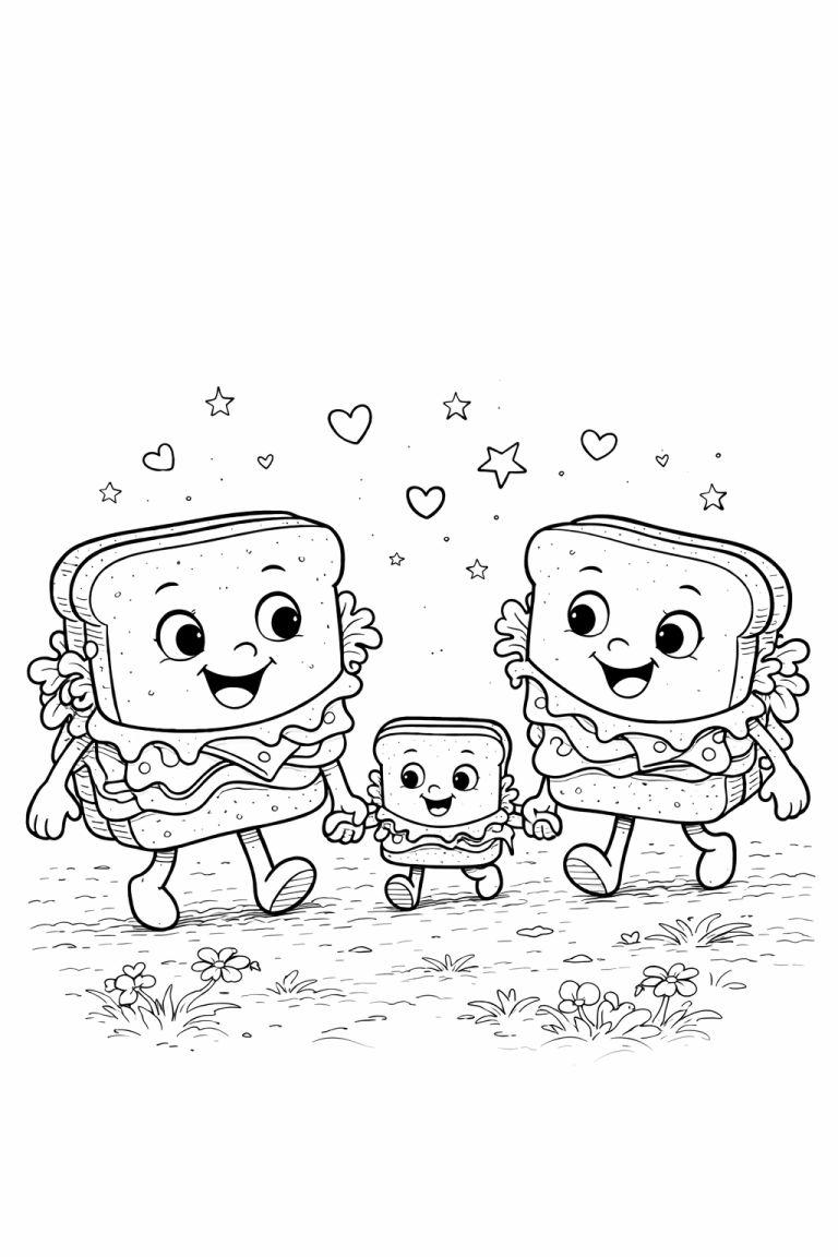 A fun coloring page of sandwich characters walking, adorned with stars and hearts. Kids can color these cute, imaginative food figures, enhancing creativity.