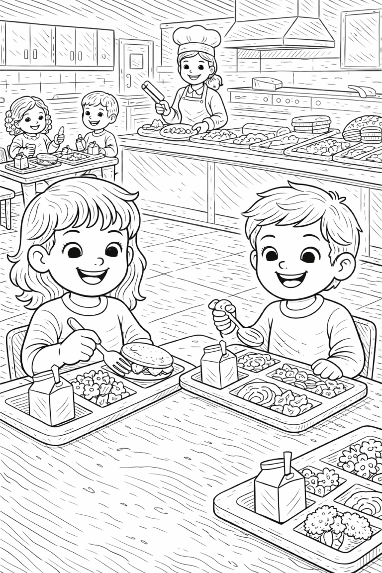 Children enjoy school lunch in cafeteria coloring page