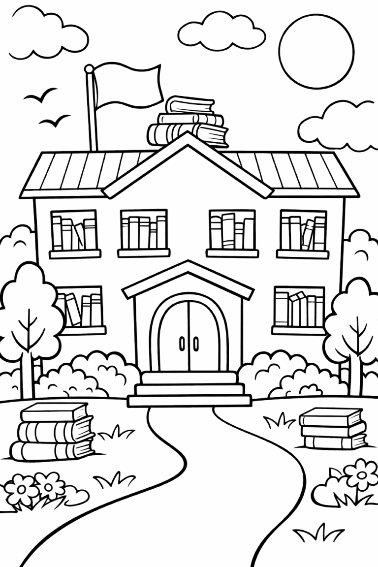 School building coloring page with trees and books