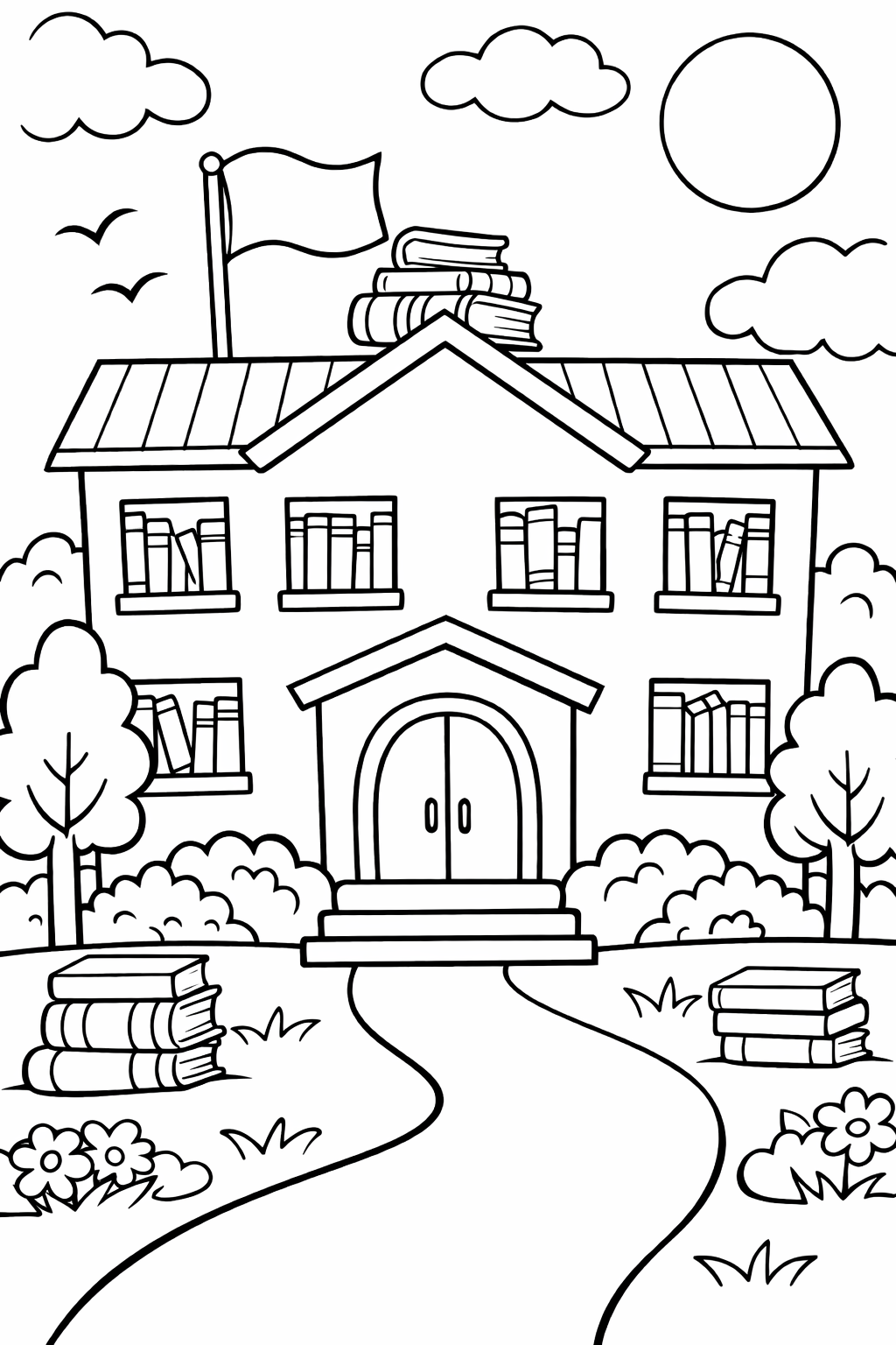 School building coloring page with trees and books