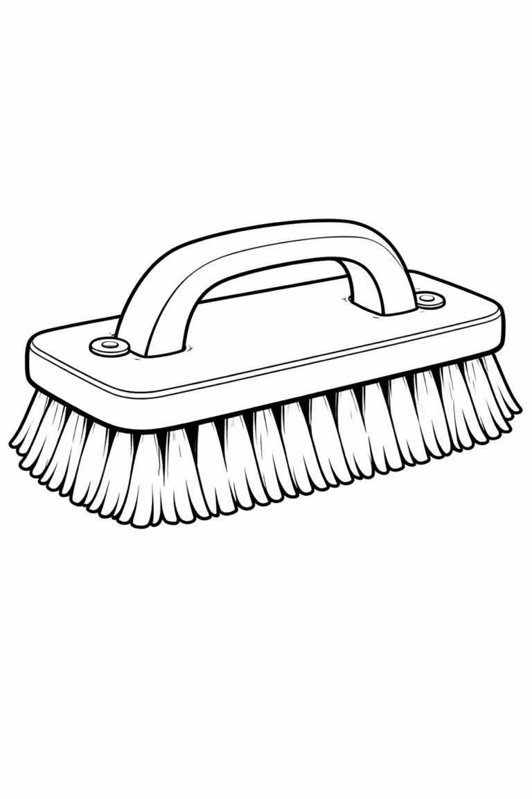 A detailed illustration of a scrub brush showing the handle and brush bristles. It's a simple yet engaging coloring page designed for children to learn about different household tools creatively.