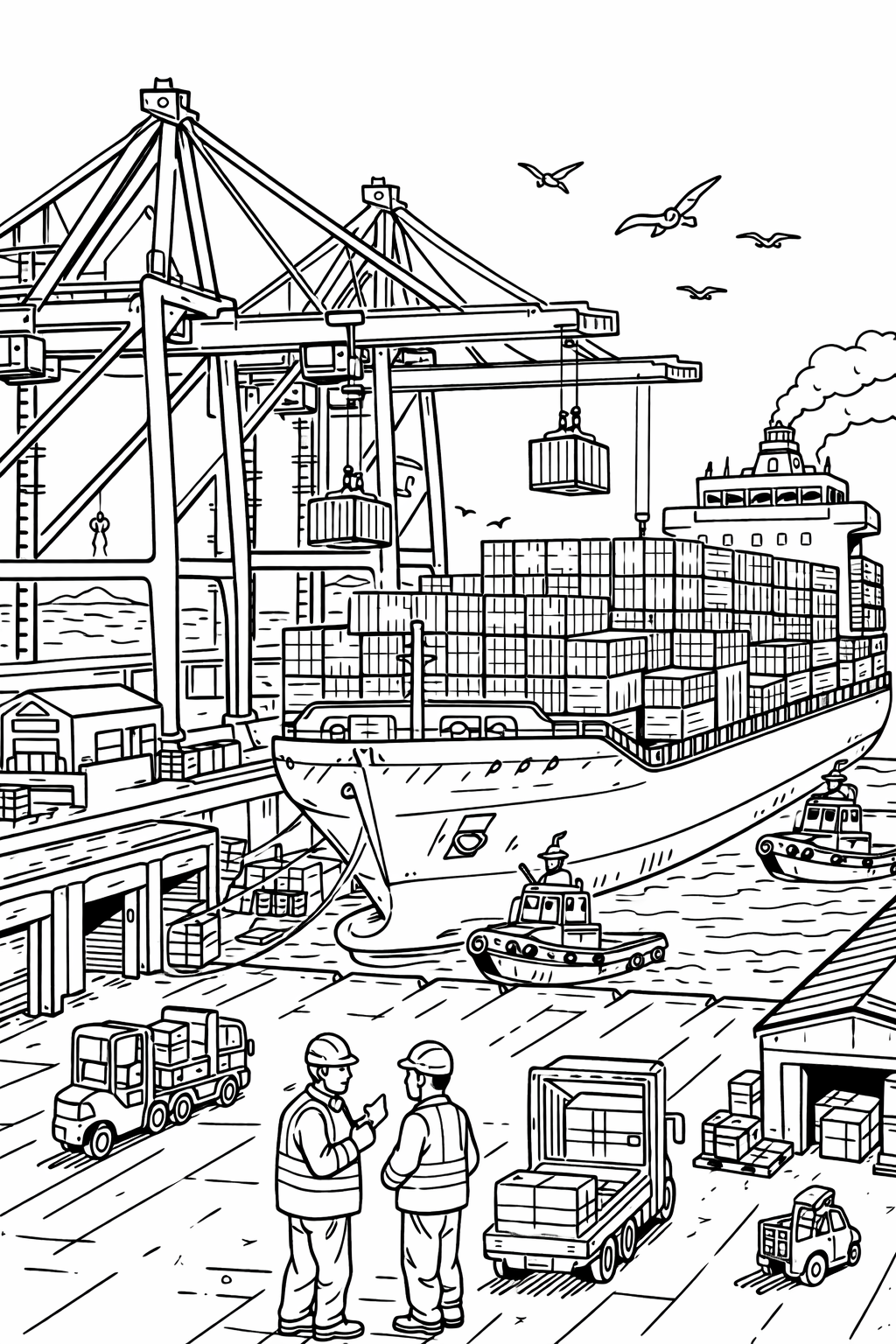 An intricate coloring page of a bustling shipping port with cargo ships, containers, cranes, and workers in reflective gear. The waterfront is alive with activity, depicting an operational harbor and sea birds overhead.