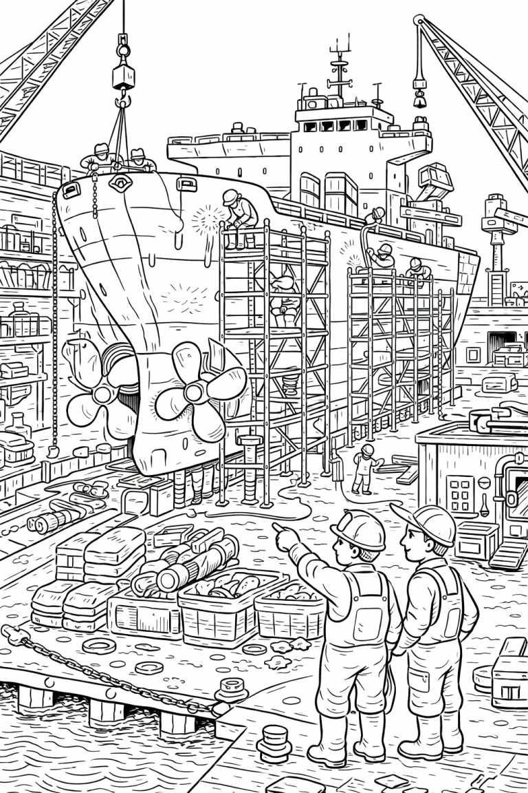 Shipyard scene with workers and equipment
