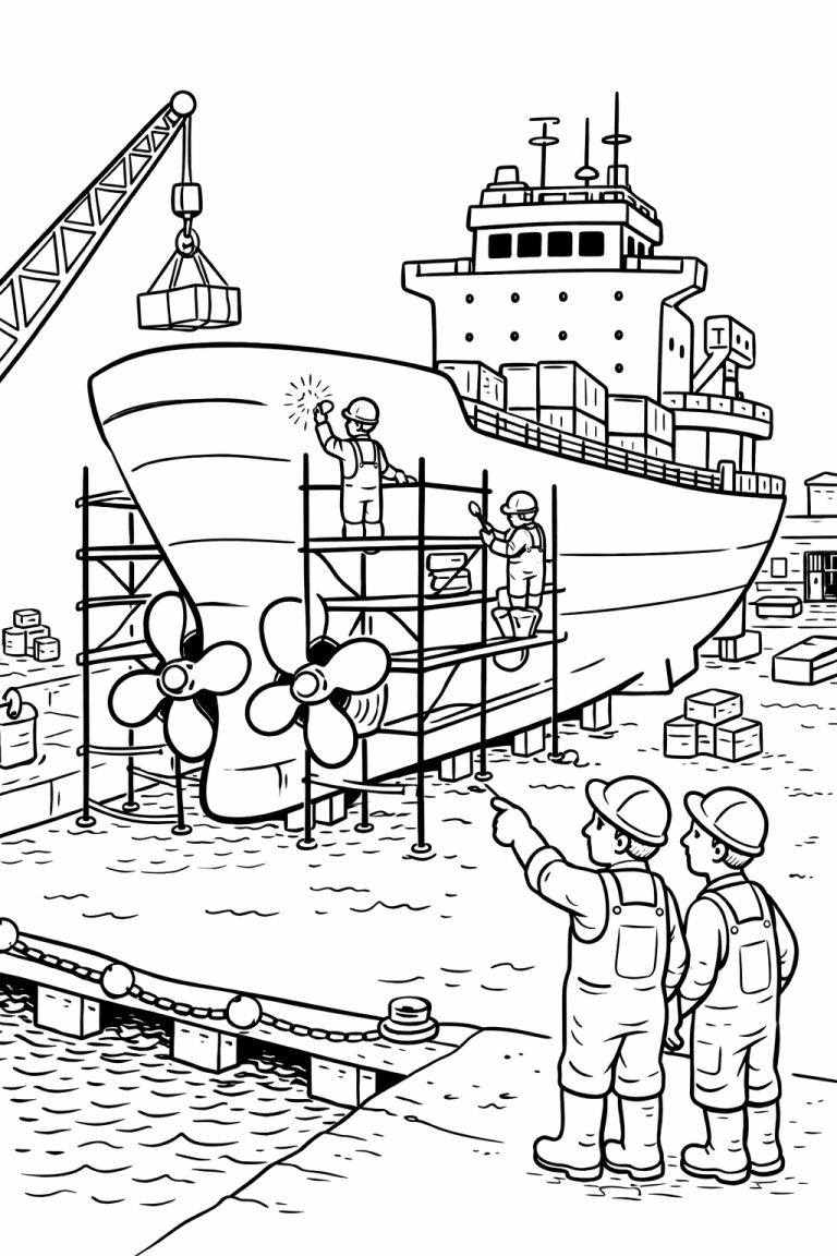 Children's coloring page of a shipyard scene