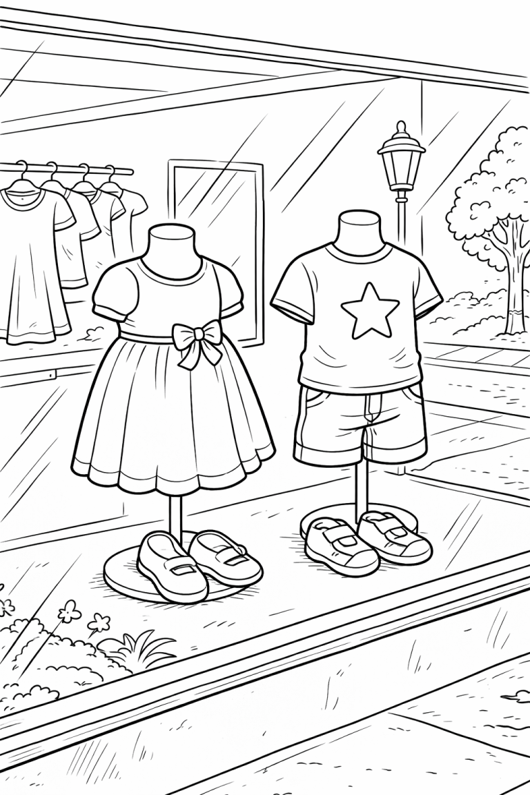 A shop window display with mannequins dressed in children's clothing including a dress and a t-shirt with shorts. This coloring page allows kids to color the scene, sparking their creativity and imagination.