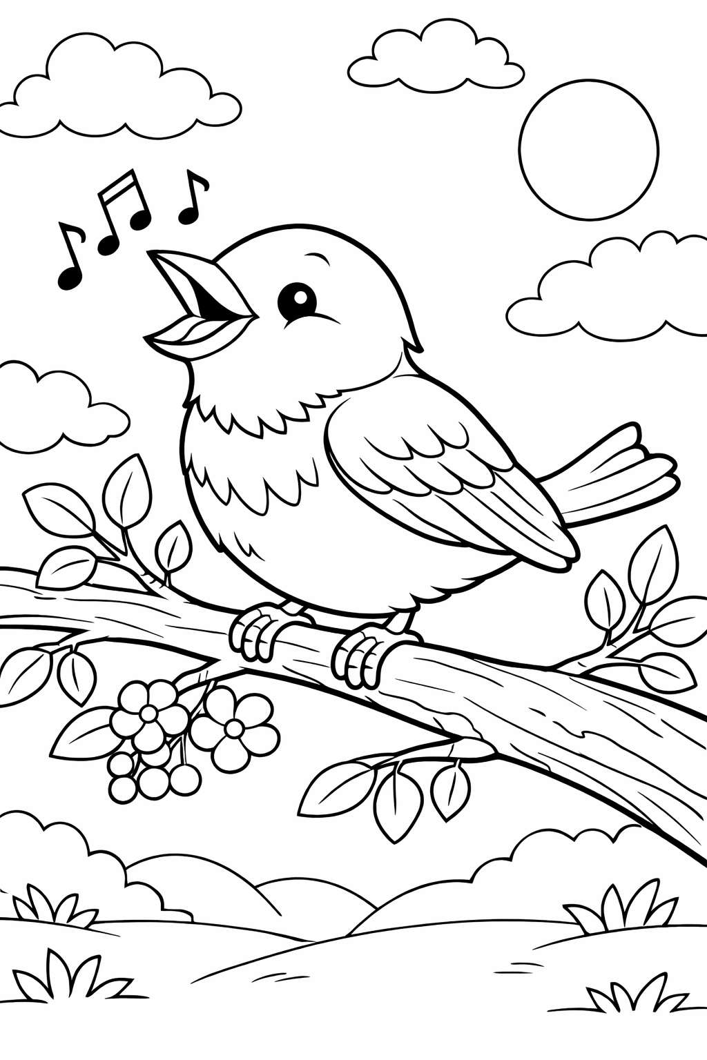 A charming coloring page of a bird singing on a branch with clouds and sun, inviting children to color a lively nature scene.
