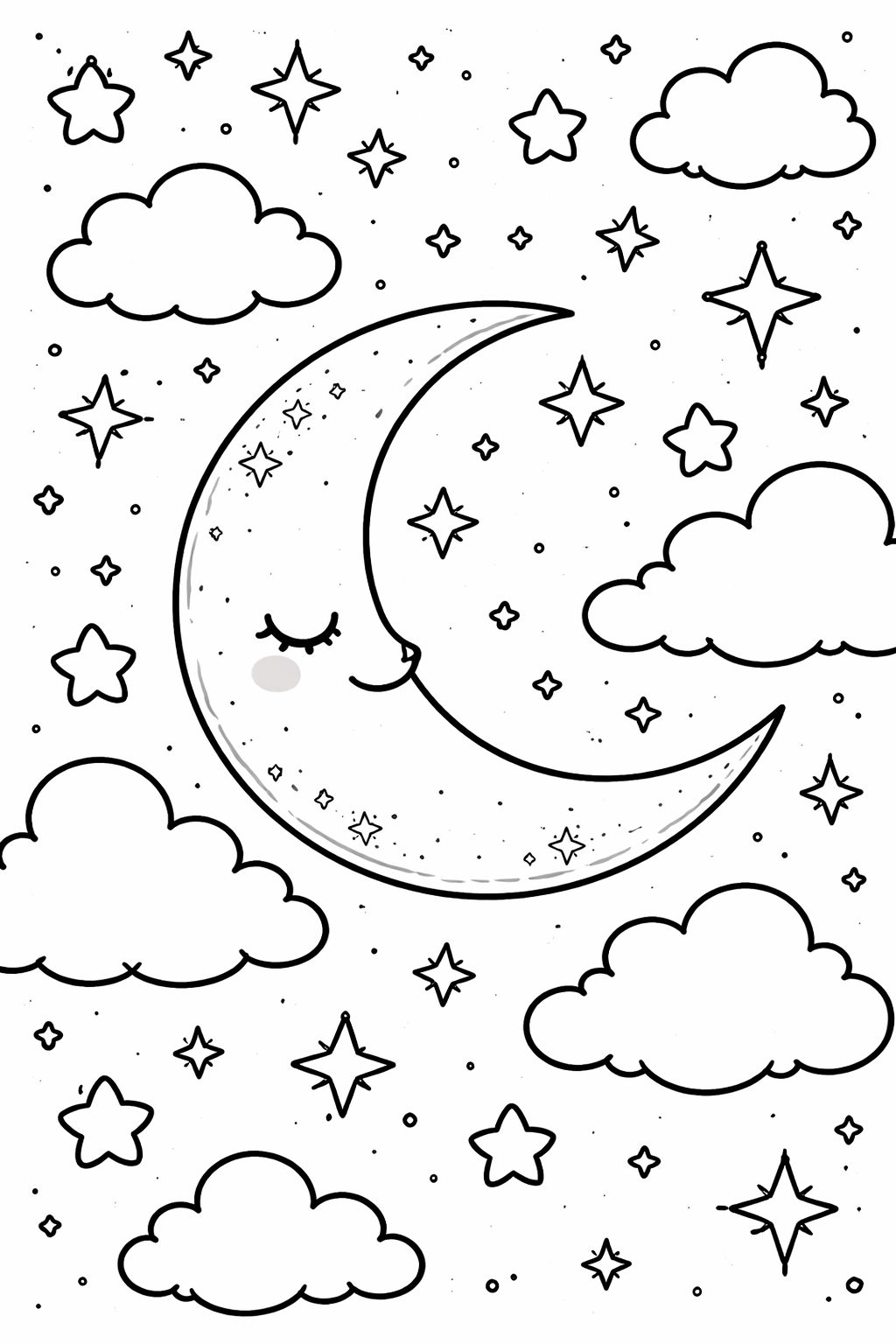 A delightful coloring page of a crescent moon asleep in a star-filled sky. Clouds float gently among the stars, creating a serene nighttime atmosphere.