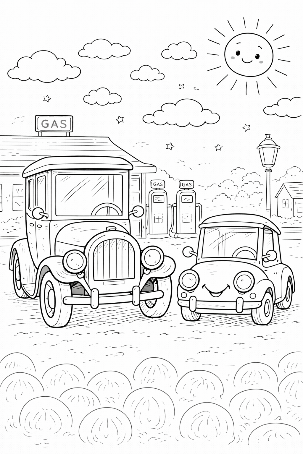 Children's coloring page with two smiling cars at a gas station, surrounded by clouds, stars, and a friendly sun in the sky, offering a delightful scene for kids to color and enjoy imaginative play.
