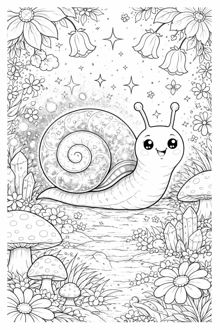 Cute snail with flowers and stars coloring page