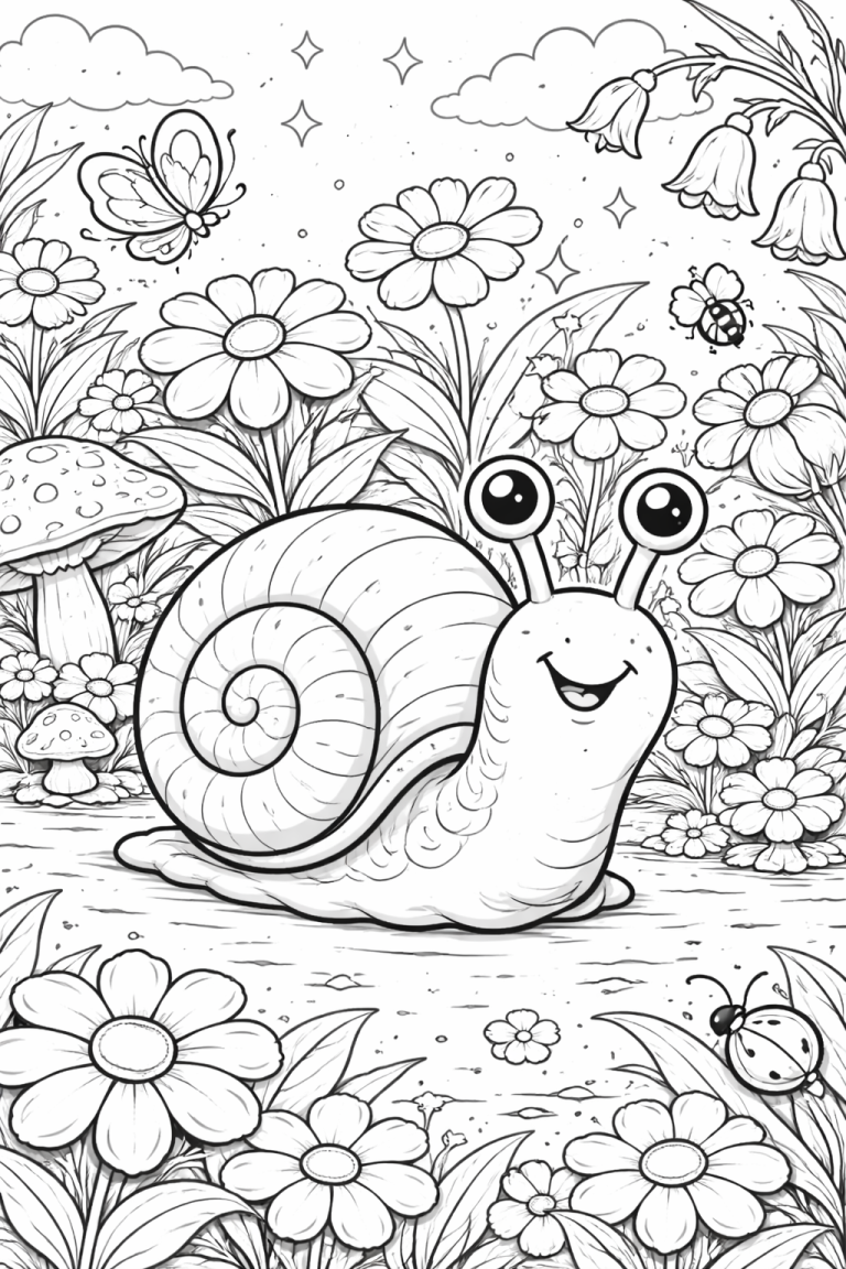 Smiling snail in a garden with flowers and insects.