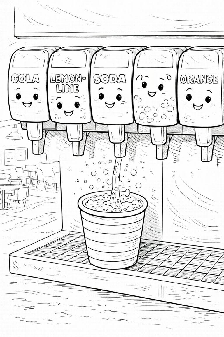Coloring page of a soda fountain with smiling dispensers labeled cola, lemon-lime, soda, and orange. A cup is being filled with a bubbly drink, creating a playful and engaging scene for children to color.