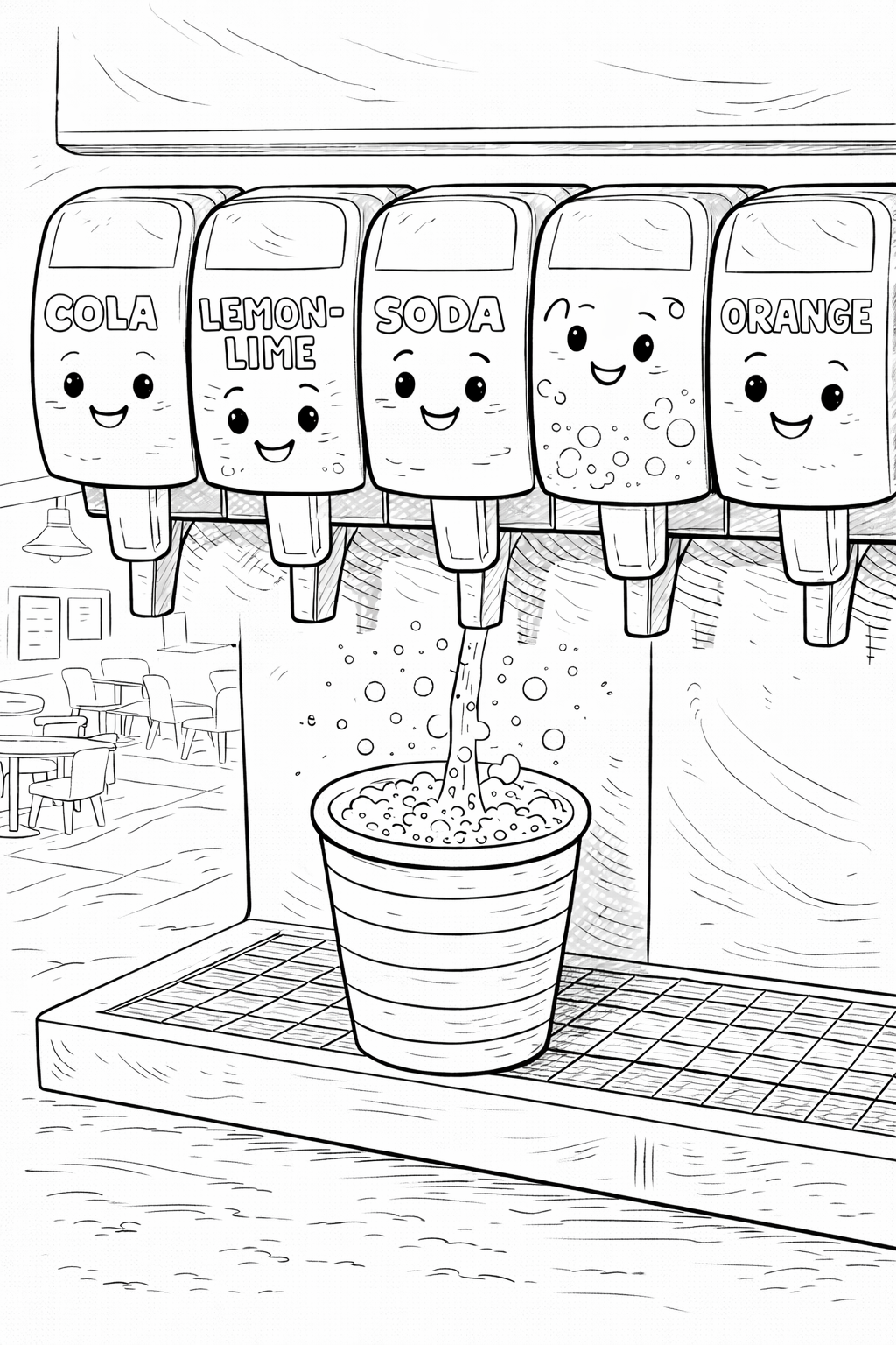 Coloring page of a soda fountain with smiling dispensers labeled cola, lemon-lime, soda, and orange. A cup is being filled with a bubbly drink, creating a playful and engaging scene for children to color.