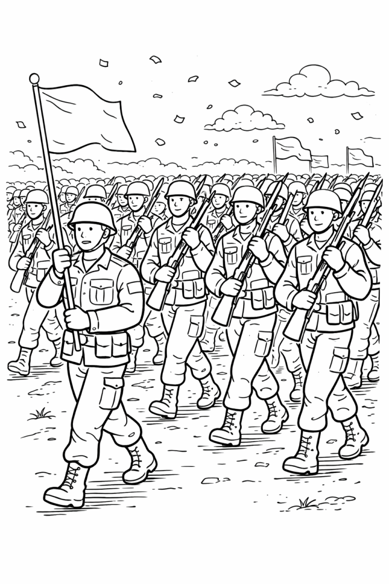A detailed coloring page of a soldier parade. Soldiers are marching in uniform with a flag bearer leading them. The sky is decorated with floating papers, providing an engaging scene for coloring.