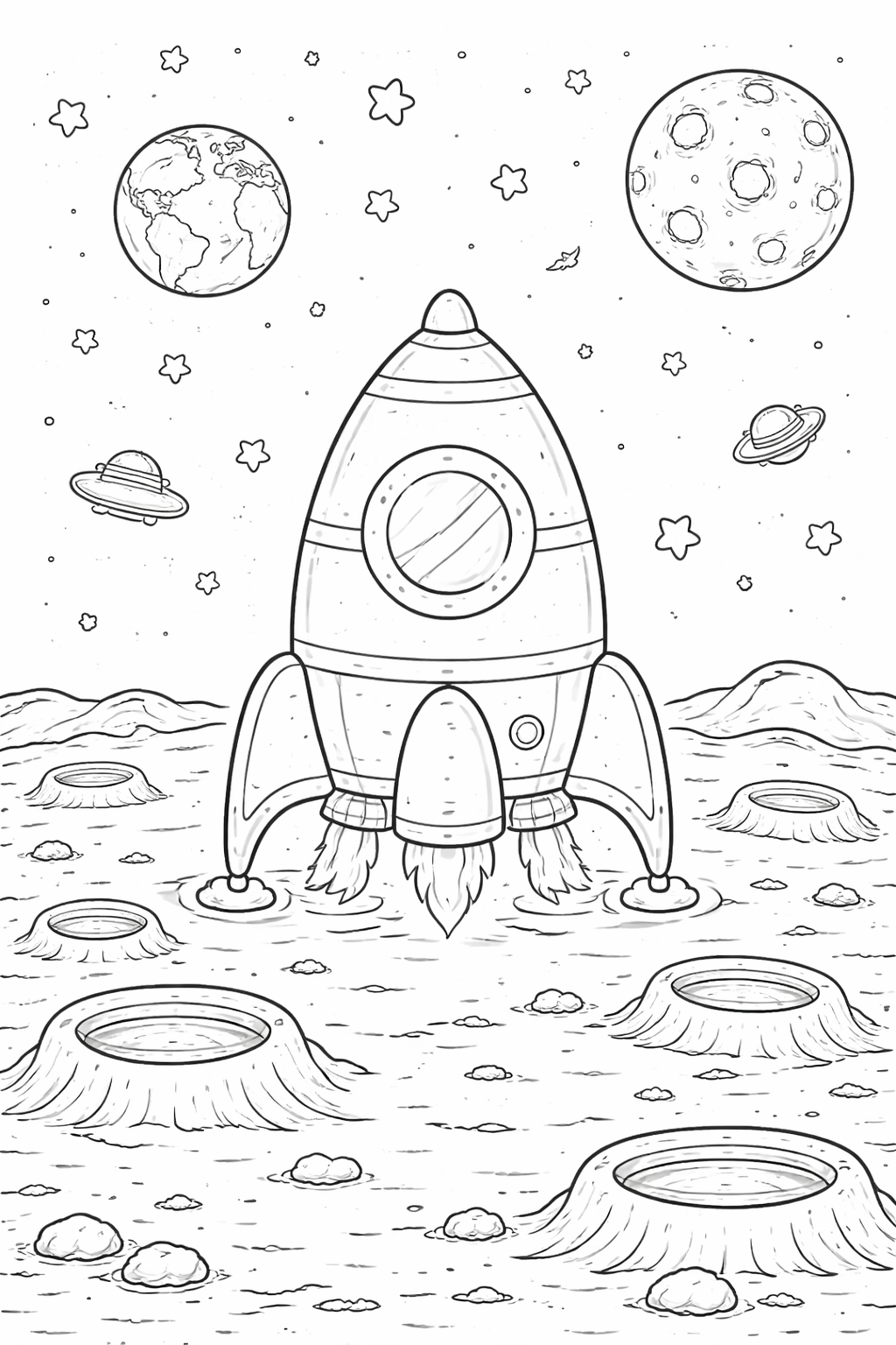 Children's coloring page with a rocket in space