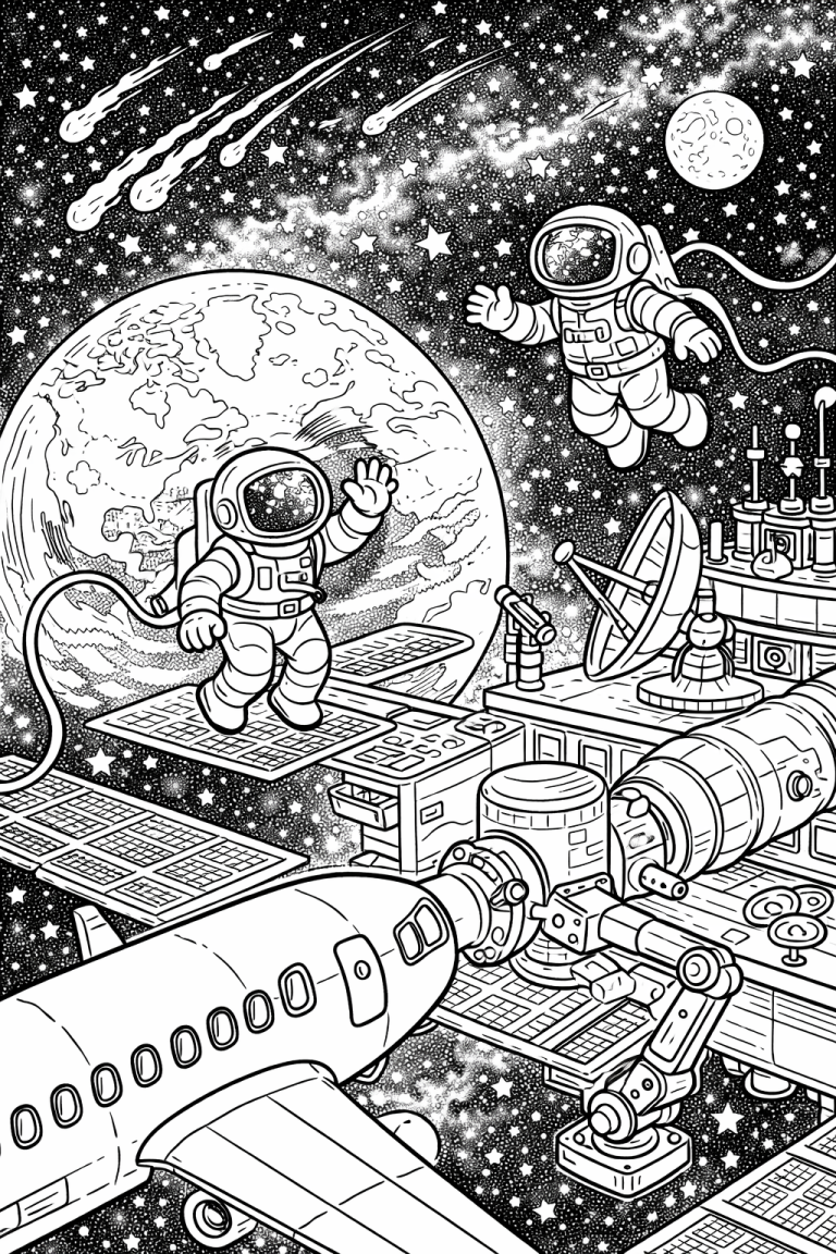 Astronauts exploring space with a spaceship and the Earth.