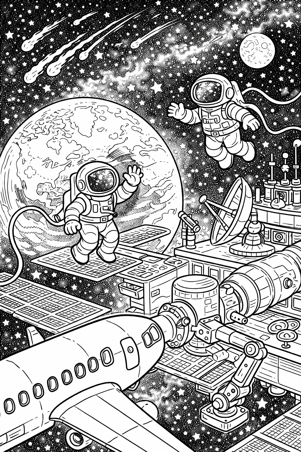 Astronauts exploring space with a spaceship and the Earth.