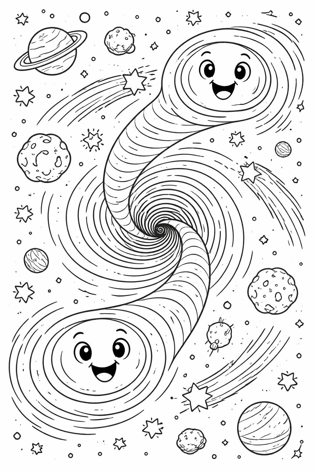 Children's coloring page with smiling vortexes, planets, stars, and comets, offering a fun and educational space-themed coloring activity for kids.