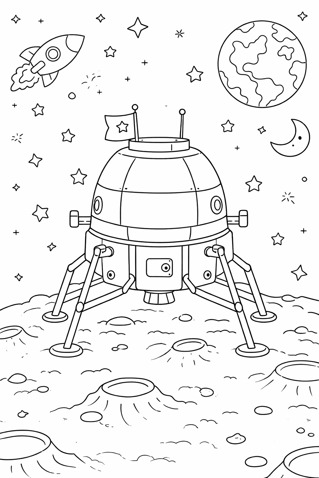 A space mission coloring page featuring a lander on a cratered moon surface, a rocket flying among stars, and planets visible in the background. Children can color the spacecraft and celestial elements in this engaging scene.