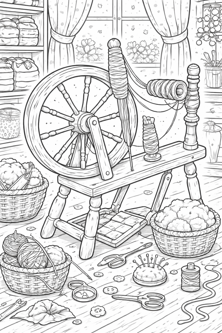 A detailed spinning wheel with yarns and crafting tools.
