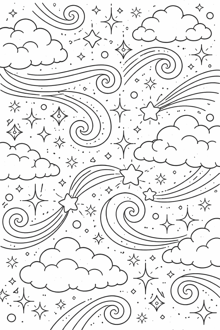 A children's coloring page depicting a sky full of swirling clouds, twinkling stars, and shooting stars, perfect for imaginative and dreamy coloring experiences.