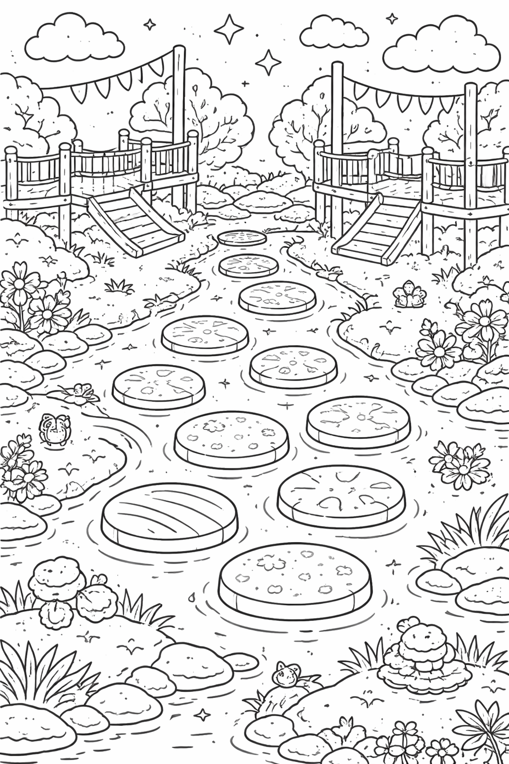 A coloring page showing a garden scene with a stepping stone path, wooden bridge, flowers, shrubs, and a stream under a starry sky, ideal for creative coloring.