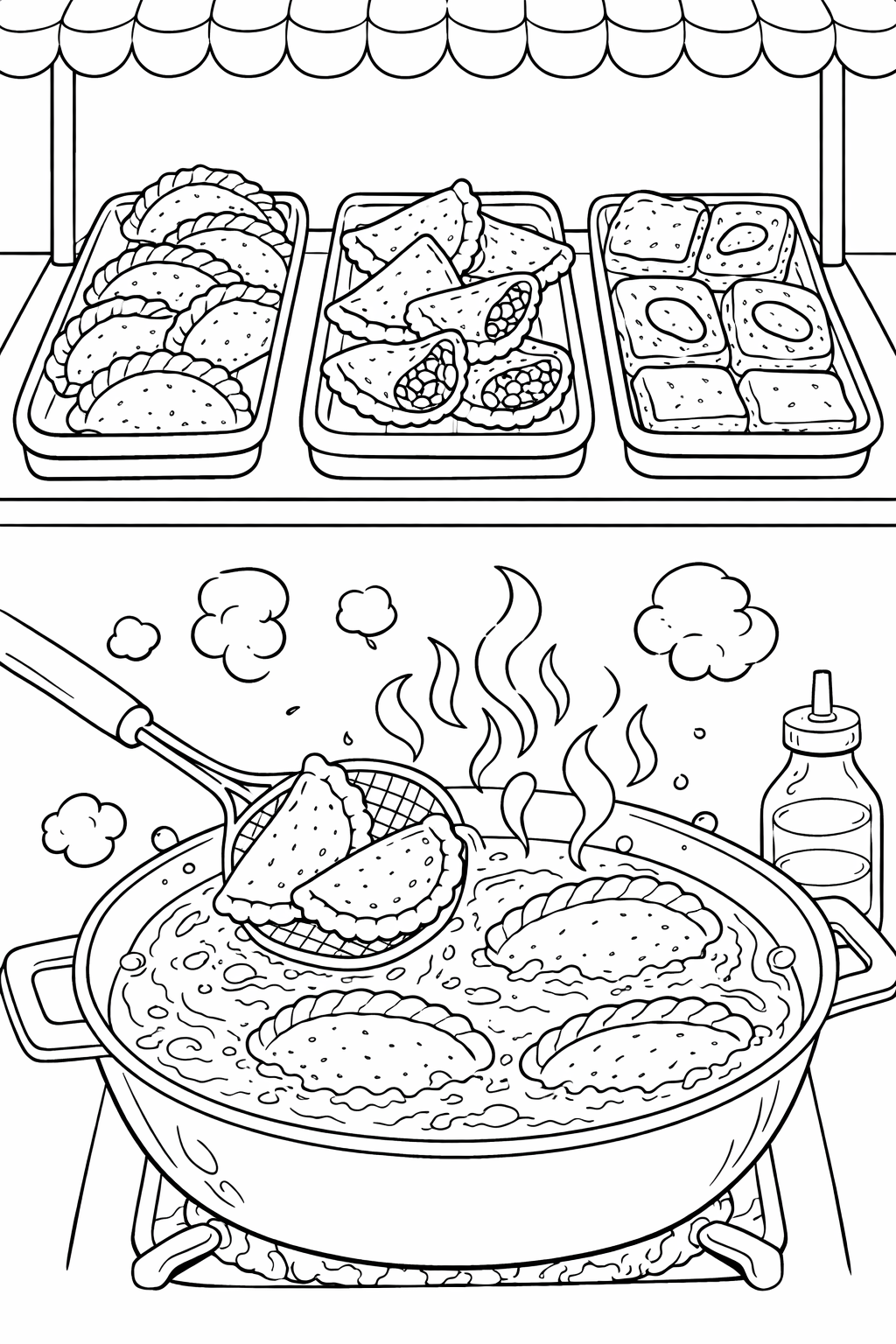 A detailed coloring page of a street food scene with a variety of foods being fried. The page offers children a chance to explore and color delicious culinary elements, enhancing their understanding of diverse cuisines.