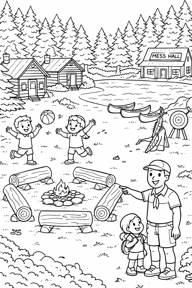 Children playing in a summer camp setting with log cabins, a campfire, and canoes. A scout leader guides a young camper, creating an engaging scene for coloring.