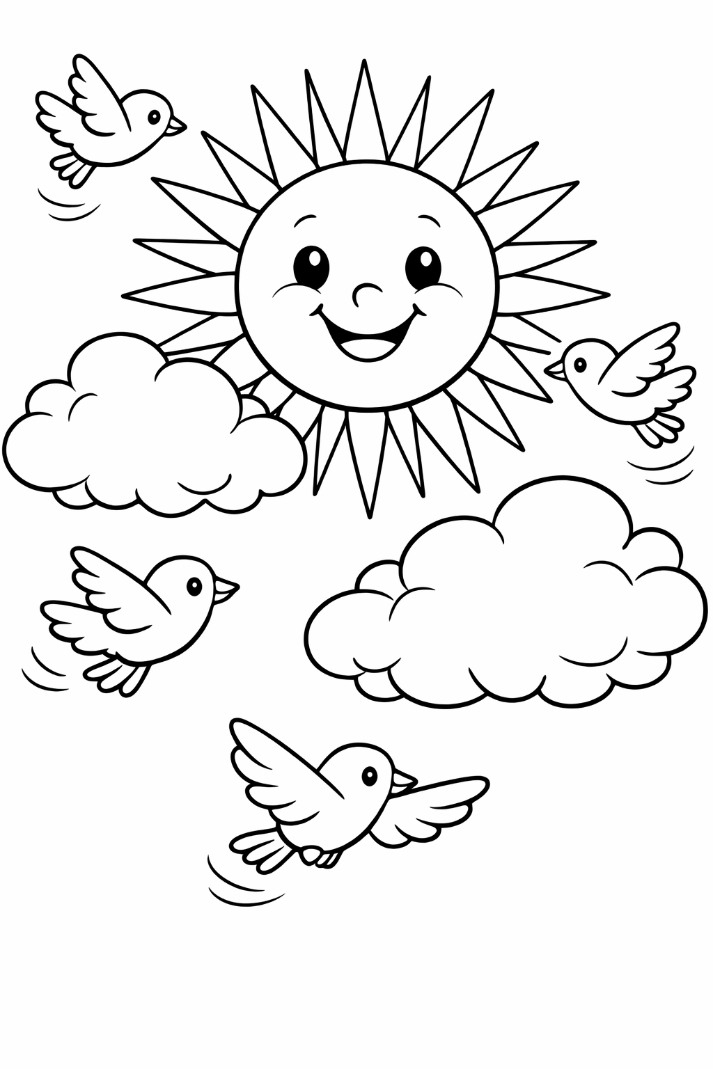 A cheerful coloring page shows a smiling sun with eyes and a mouth, birds flying around it, and two fluffy clouds in the background under a clear sky.