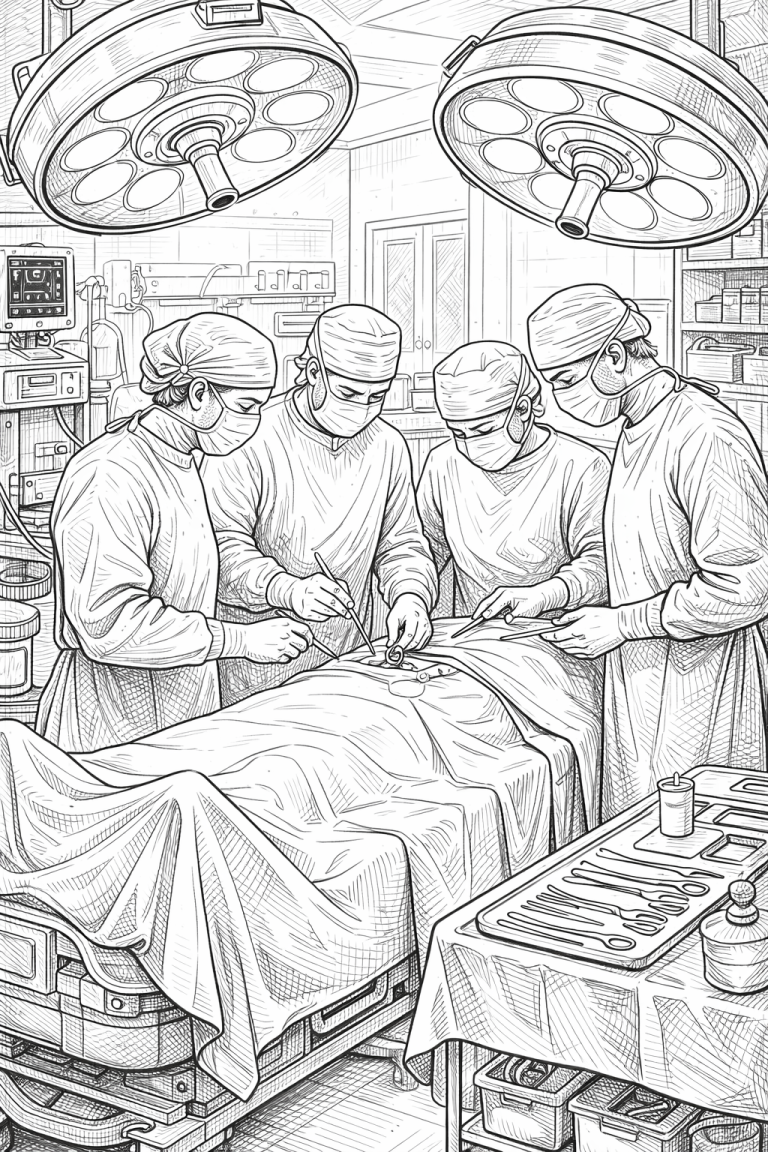 Detailed surgical team coloring page with surgeons