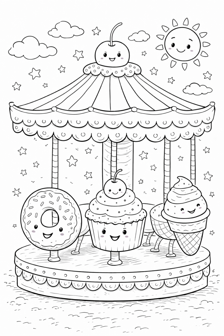 Whimsical carousel coloring page with dessert-themed characters like donut and cupcake. Sunny and starry sky setting enhances its playful charm. Ideal for kids to color.