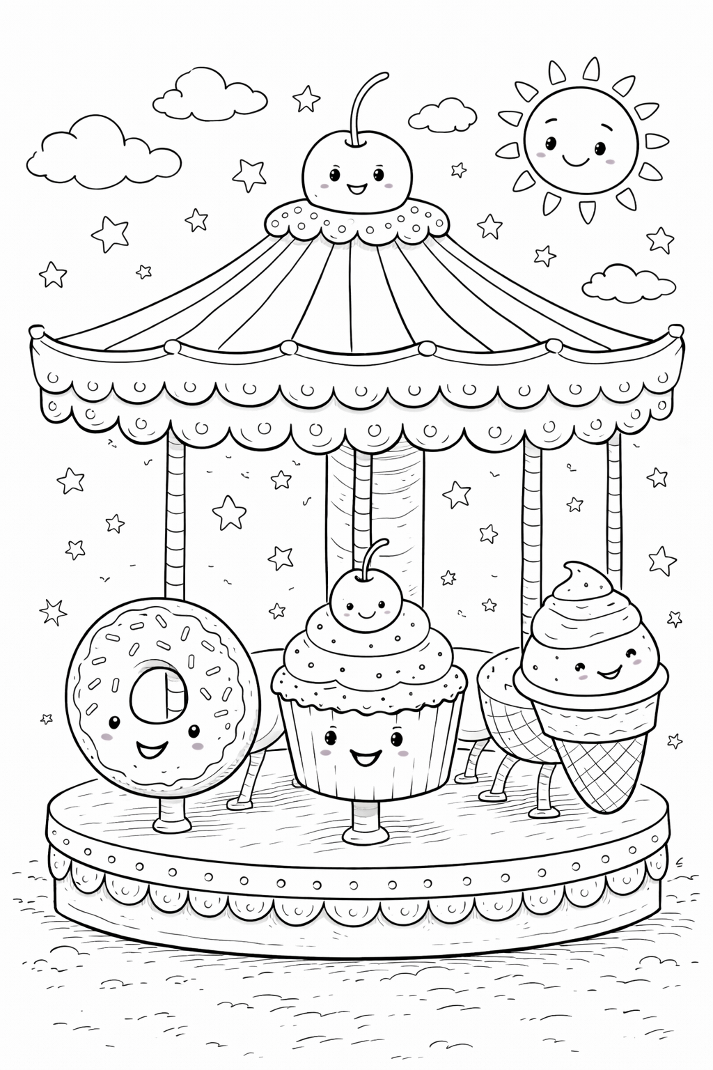 Whimsical carousel coloring page with dessert-themed characters like donut and cupcake. Sunny and starry sky setting enhances its playful charm. Ideal for kids to color.