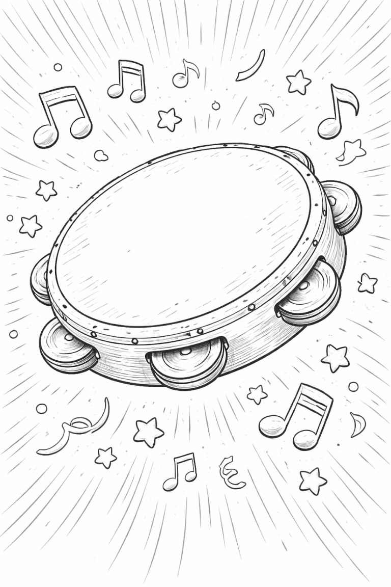 Children's tambourine coloring page with musical notes.