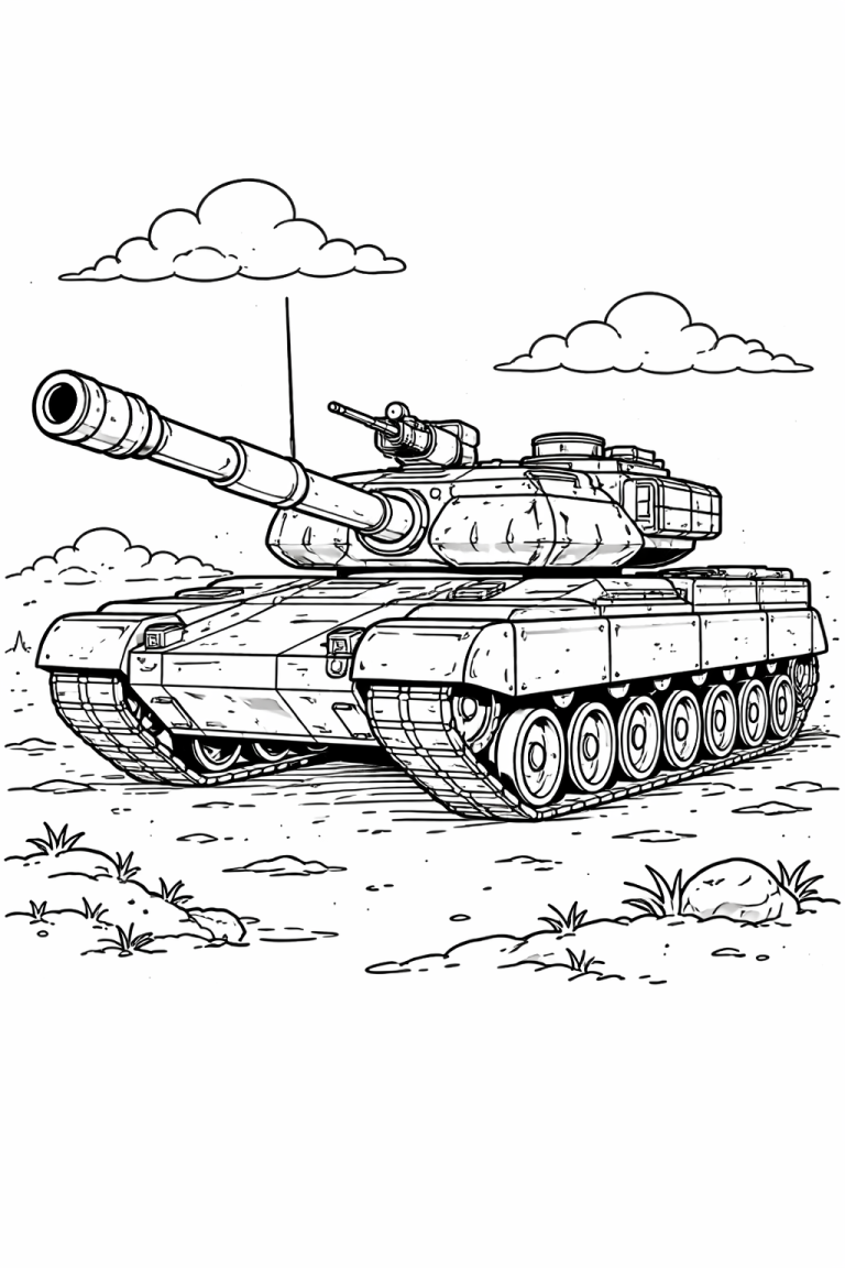 A detailed tank coloring page for kids, showcasing a tank with turret and cannon in a natural setting. The tank is on rugged terrain, surrounded by clouds, ideal for creativity with colors.