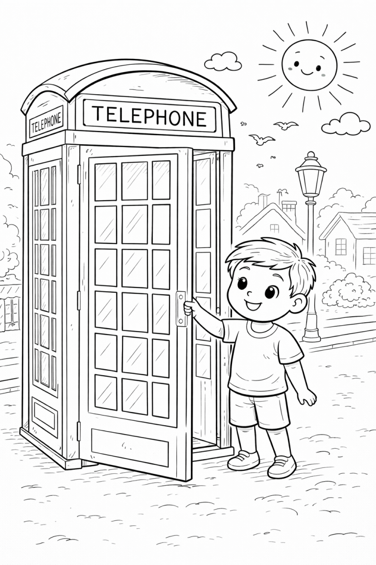 A delightful coloring scene showing a child greeting a classic telephone booth. The sun smiles brightly, and charming houses sit in the background, inviting young artists to bring the scene to life with colors.