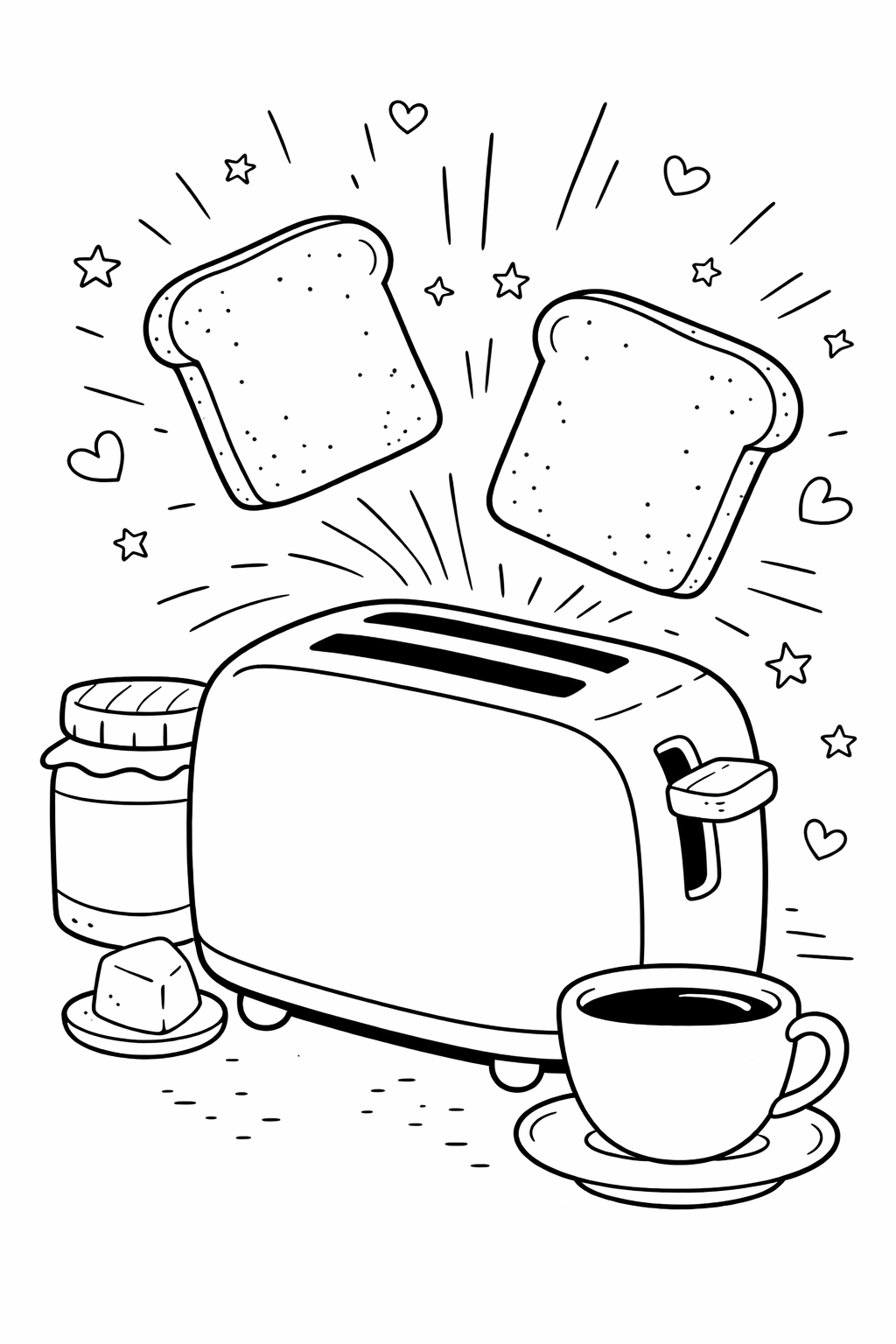 A dynamic coloring page showing a toaster with two slices of toast popping out. Near the toaster are a jam jar, butter, and a coffee cup, inviting children to color and bring the scene to life.