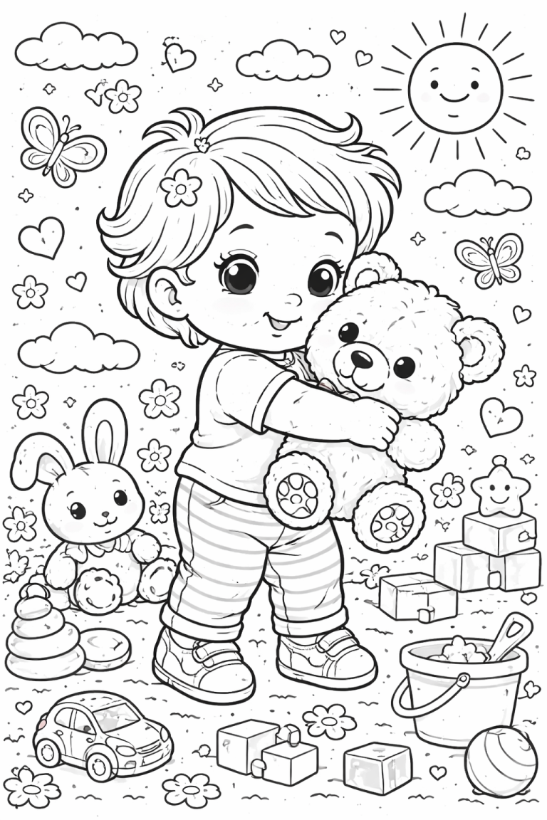A joyful coloring page depicting a toddler hugging a teddy bear, surrounded by a rabbit toy, building blocks, and a sunny background. Butterflies and clouds create an enchanting scene, inviting kids to bring it to life with colors.