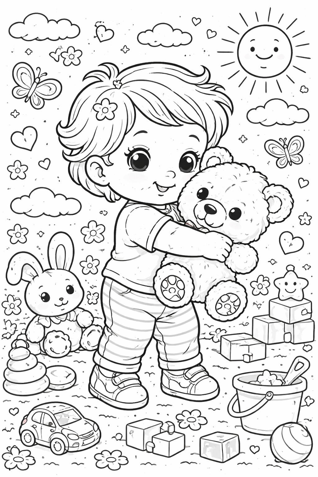 A joyful coloring page depicting a toddler hugging a teddy bear, surrounded by a rabbit toy, building blocks, and a sunny background. Butterflies and clouds create an enchanting scene, inviting kids to bring it to life with colors.