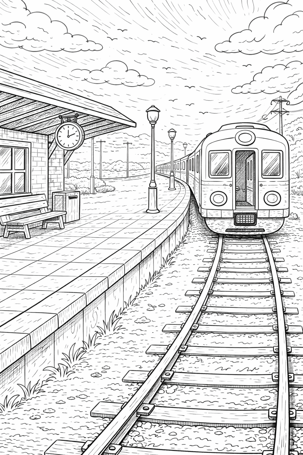 Train arriving at a station coloring page
