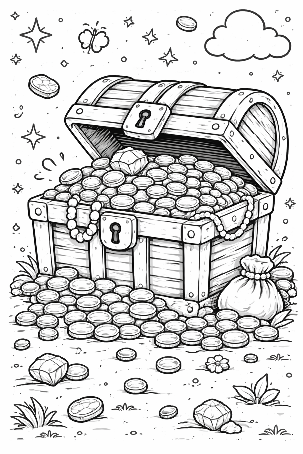 A children's coloring page depicting a treasure chest filled with coins and gems. Stars and a butterfly enhance the magical atmosphere, offering endless coloring possibilities for kids to explore a world of adventure and fantasy with their favorite colors.