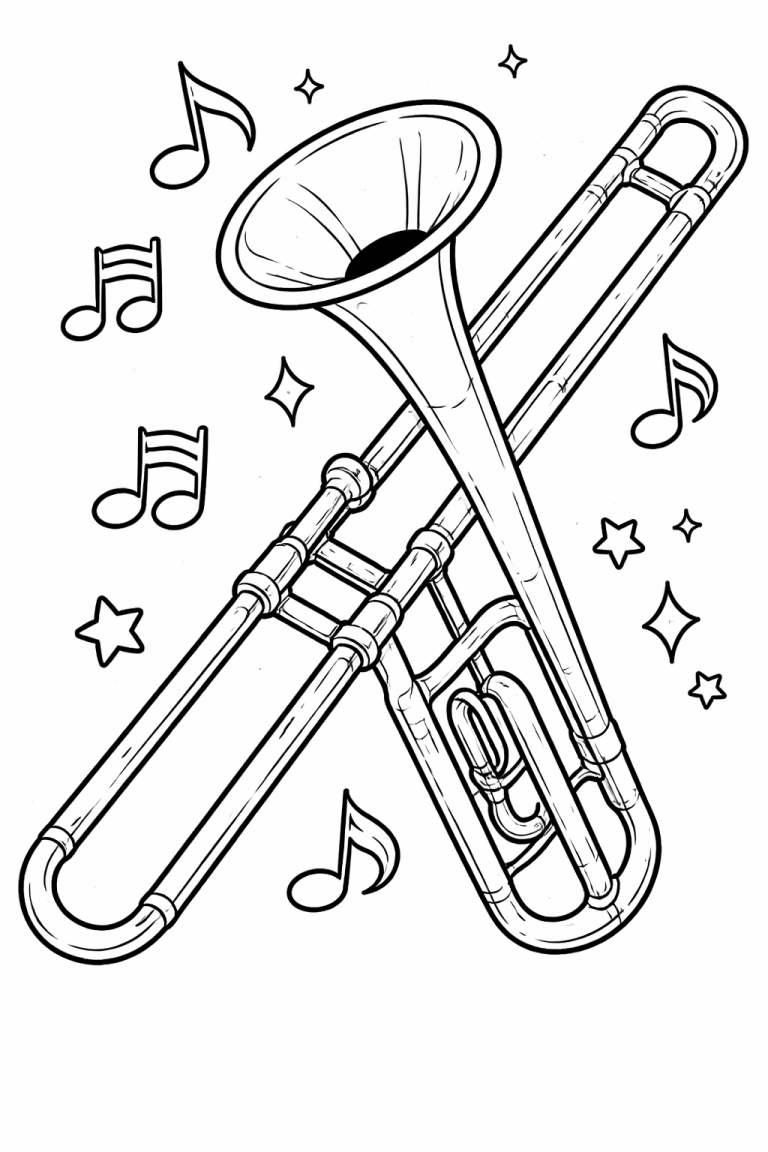 Trombone coloring page with music notes and stars