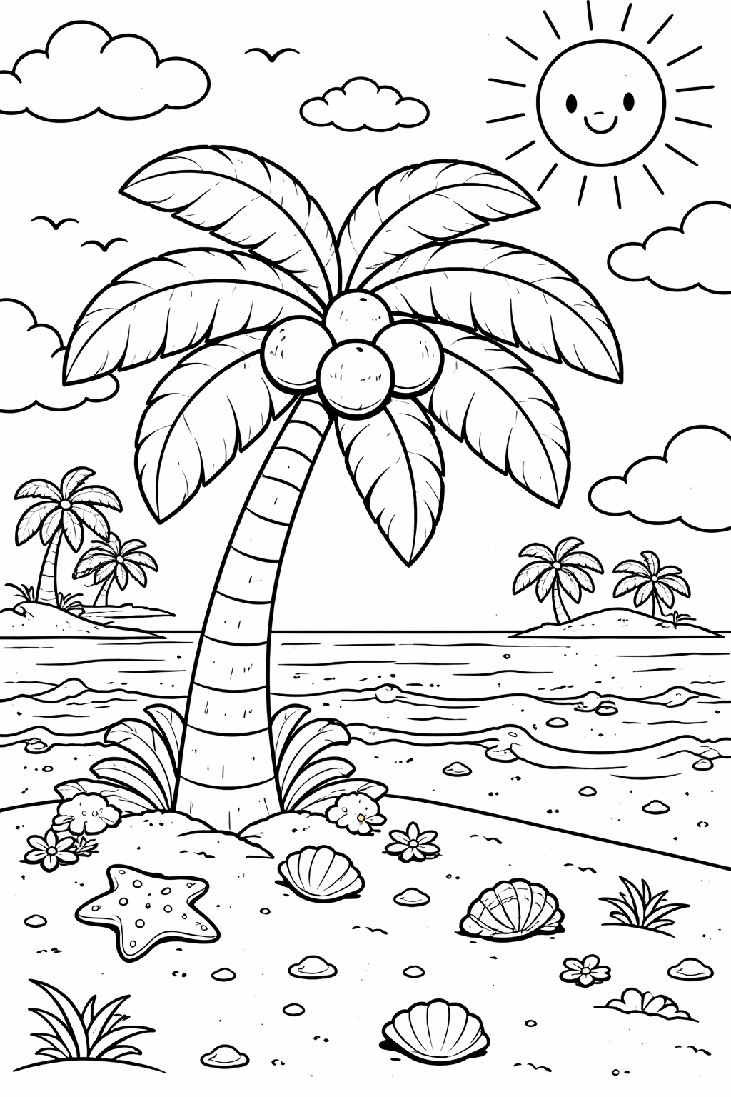 A charming tropical beach coloring page featuring a large palm tree, smiling sun, starfish, seashells, and gentle ocean waves. Perfect for kids to explore creativity with vivid colors.