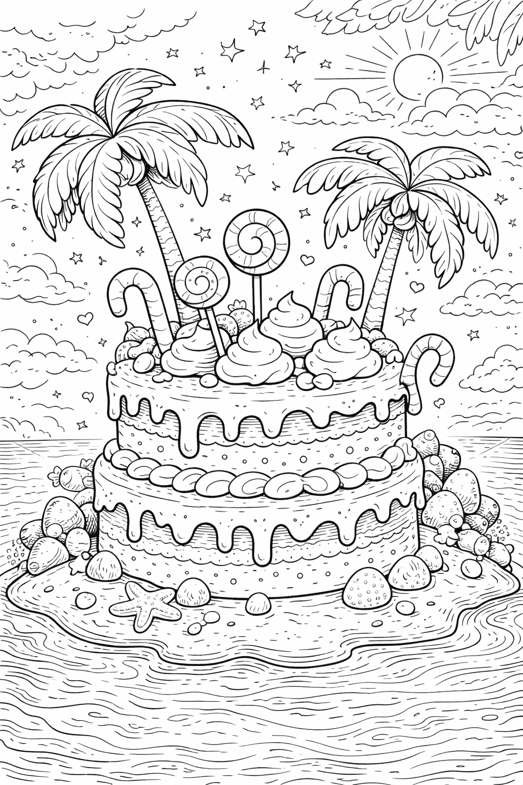 A detailed coloring page illustrating a tropical island made of a giant cake with candy decorations. Palm trees and candy adorn the cake, surrounded by seashells and a starfish on the sandy shore. A sunny sky with stars adds a magical touch.