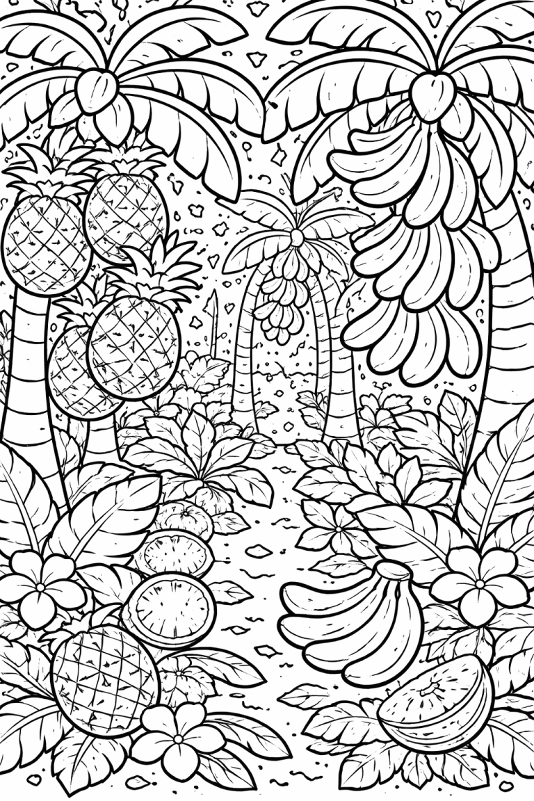 Tropical garden with bananas and pineapples to color