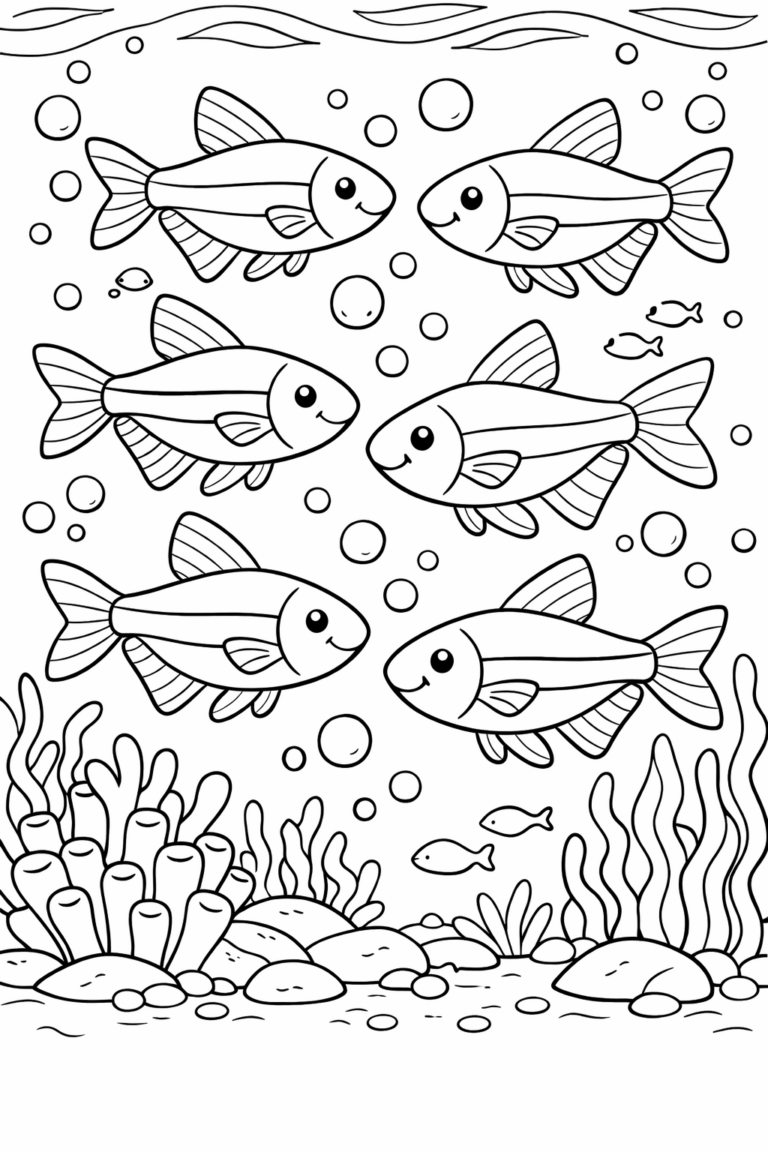 Coloring page of happy fish swimming underwater, surrounded by bubbles and seaweed. Ideal for children who love marine adventures and want to explore the sea life creatively.