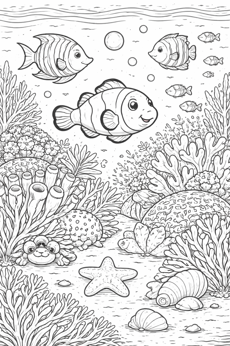 Underwater scene with fish and coral for coloring