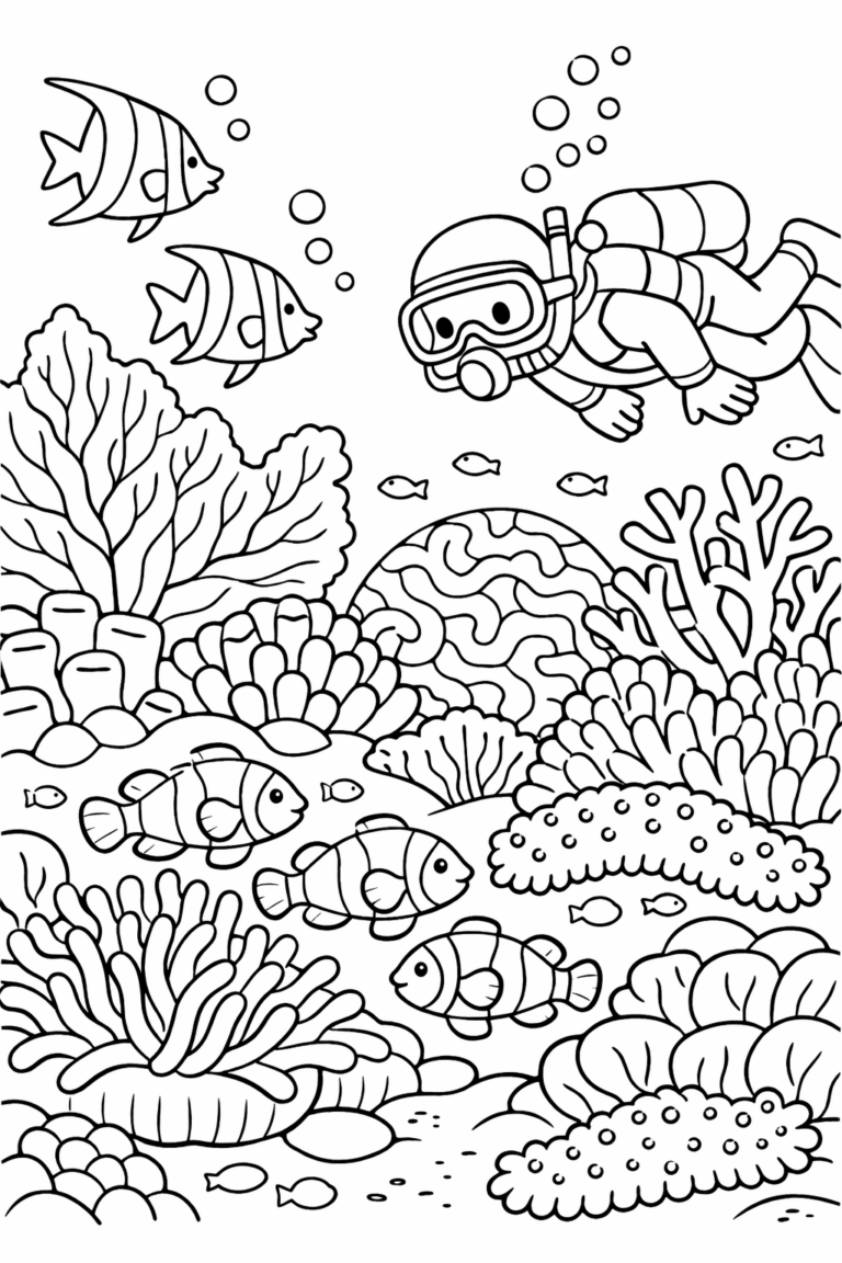 A diver explores an underwater scene full of coral reefs and various fish, providing a detailed and interactive coloring experience for children.