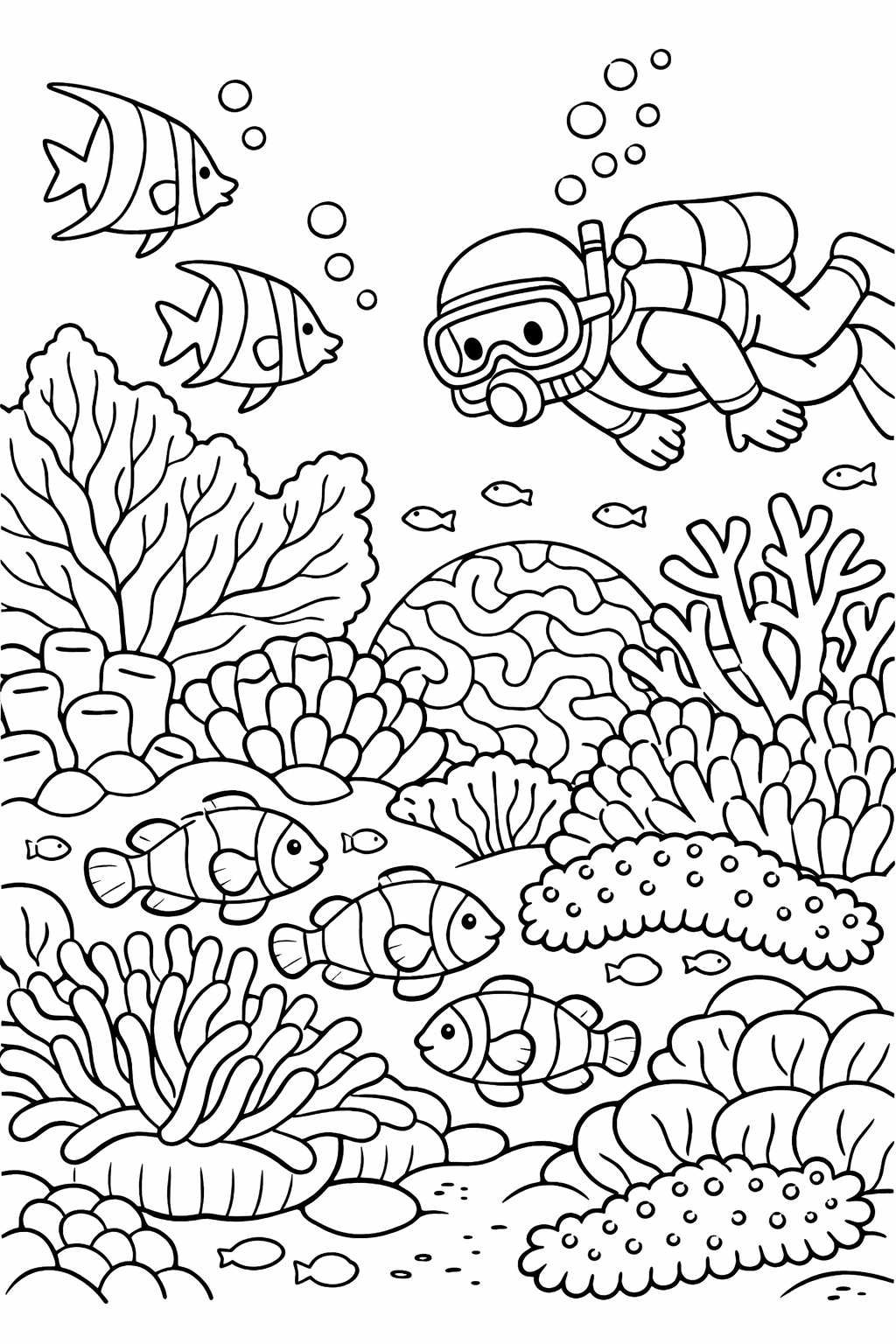 A diver explores an underwater scene full of coral reefs and various fish, providing a detailed and interactive coloring experience for children.